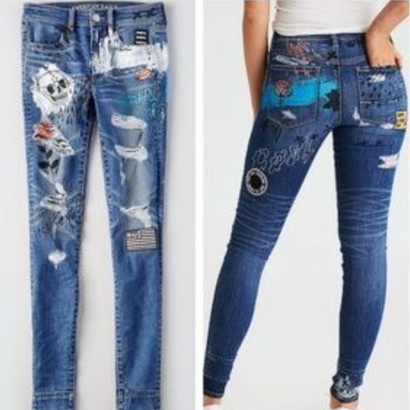 American Eagle Outfitters Denim - American Eagle Graffiti art Distressed ripped Hi Rise Jegging jeans